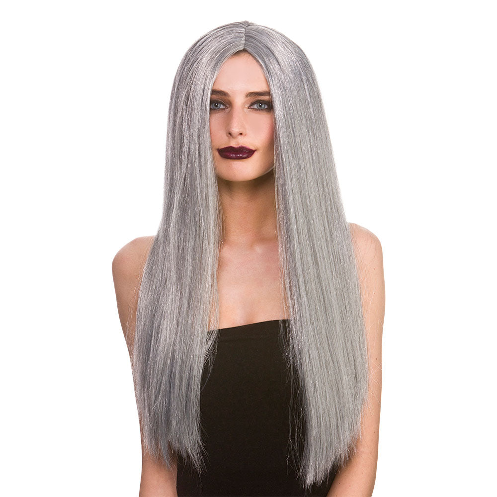 Classic Long Dark Grey Wig Ladies Halloween Witches Fancy Dress Costume Wig
