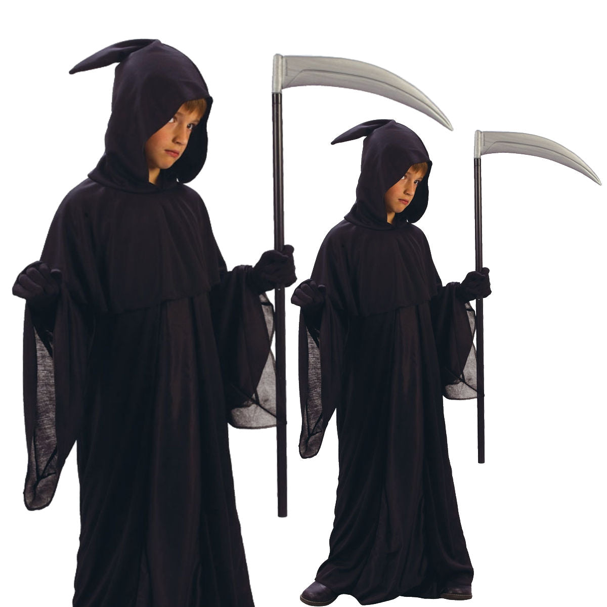Grim Reaper Boys Black Halloween Horror Kids Fancy Dress Outfit Black Robe
