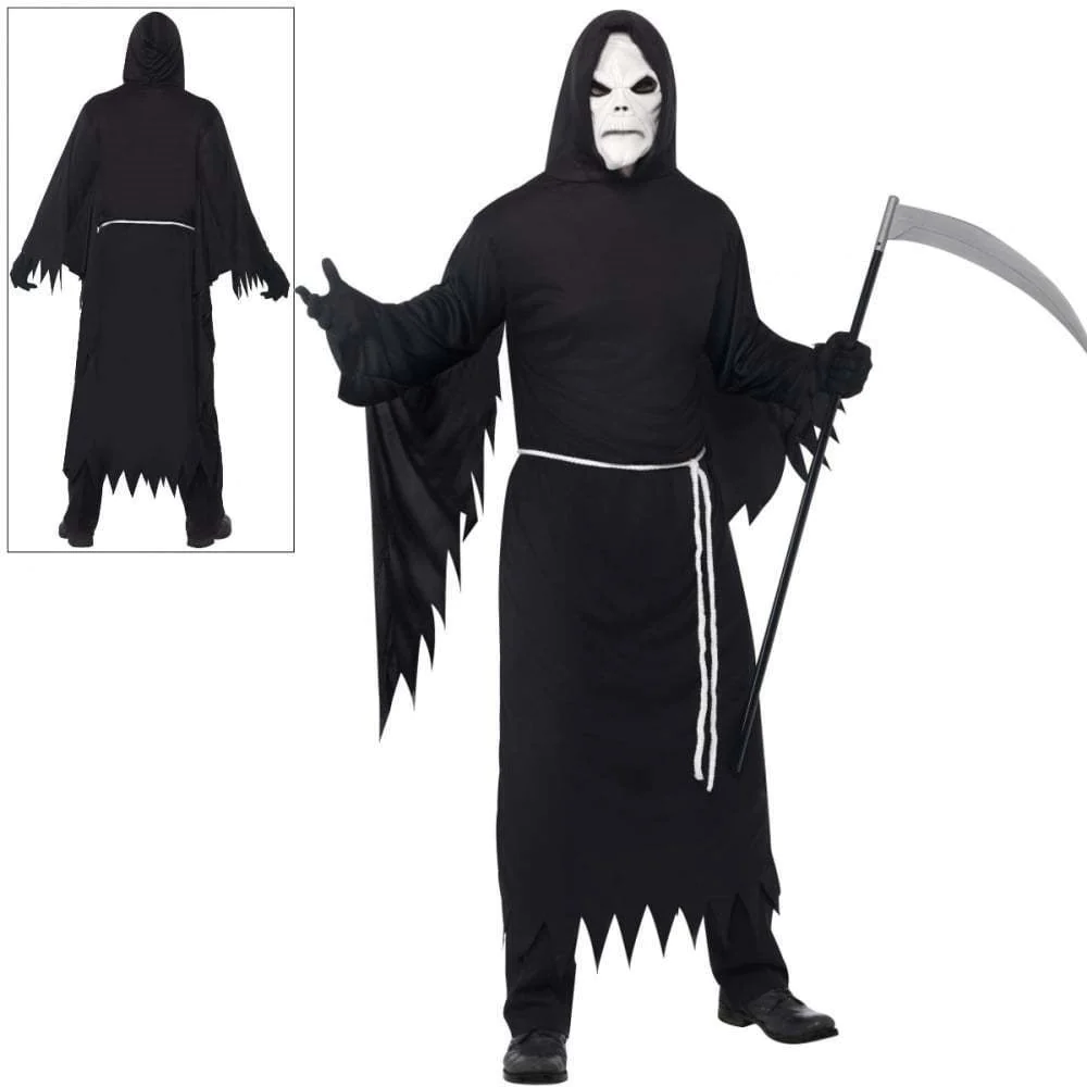 Black Grim Reaper Costume + White Mask Mens Halloween Ghost Fancy Dress