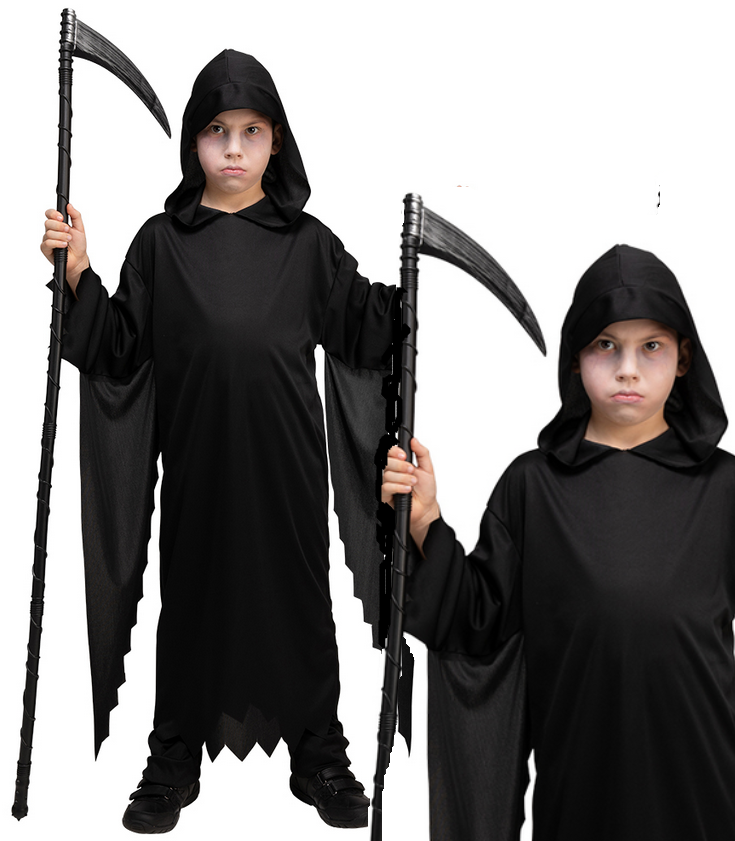 Grim Reaper Costume Demon Black Ghost Robe Kids Halloween Fancy Dress Boys Girls