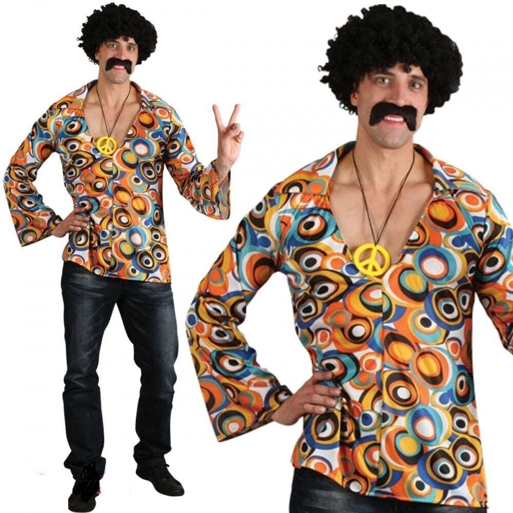 Adult Groovy Hippie Shirt + Medallion Retro Multi Colour Mens Fancy Dress