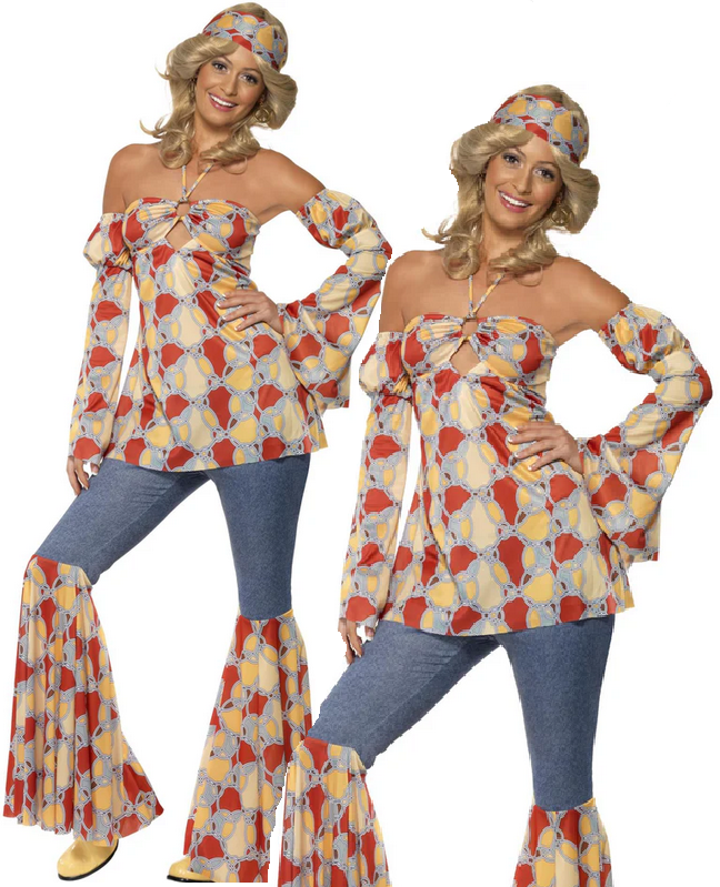 Vintage Hippy 70s Costume Multi-Coloured 60s Hippie Ladies Fancy Dress Outfit