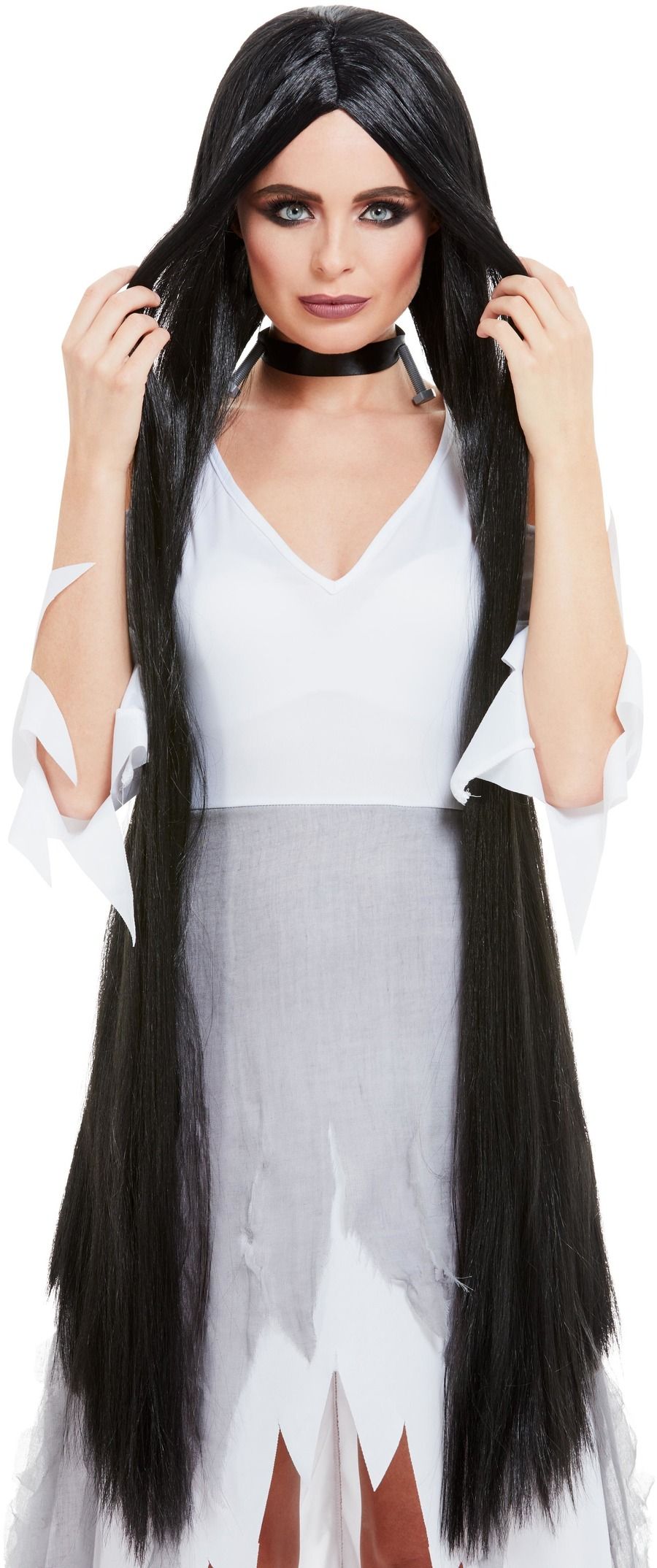 Long Black Straight Gothic Wig Ladies Morticia Witch Halloween Fancy Dress 120cm
