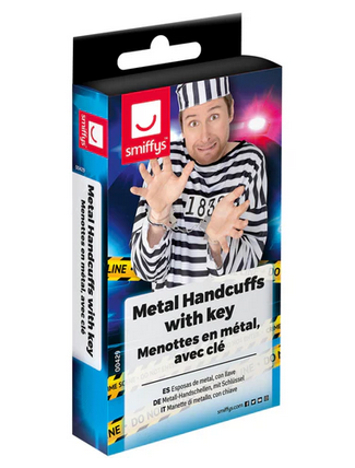 Police Cops Robbers Handcuffs + Key Adults Metal Policeman Fancy Dress Accessory