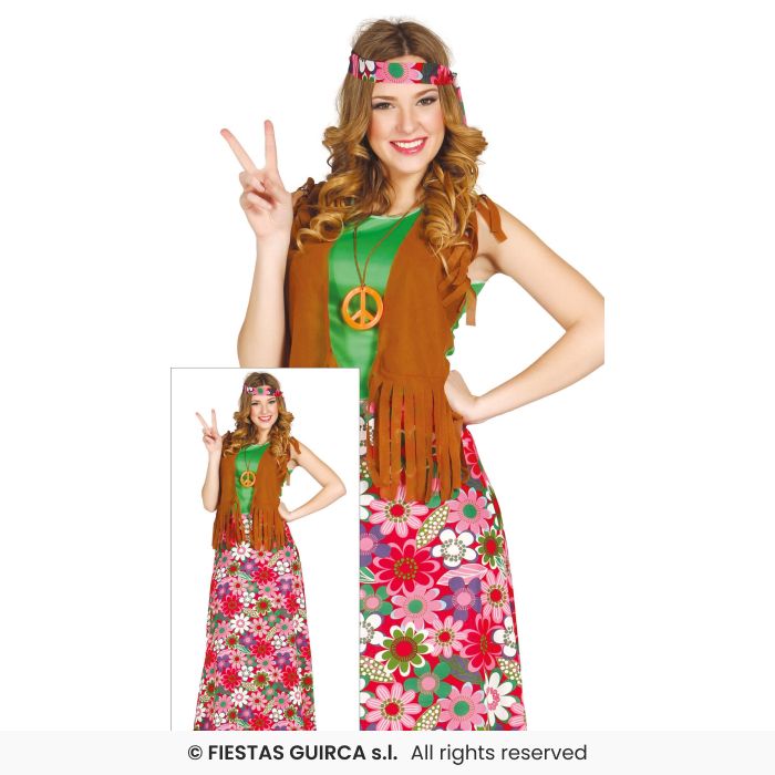 Happy Hippie Dress 70s Flower Power Hippy Retro Ladies Fancy Dress Costume UK 8-18