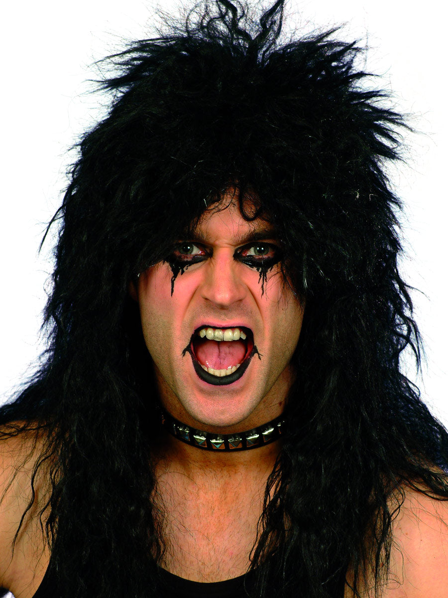 Kiss Black Rocker Wig Alice Cooper 80s Heavy Metal Simmons Fancy Dress
