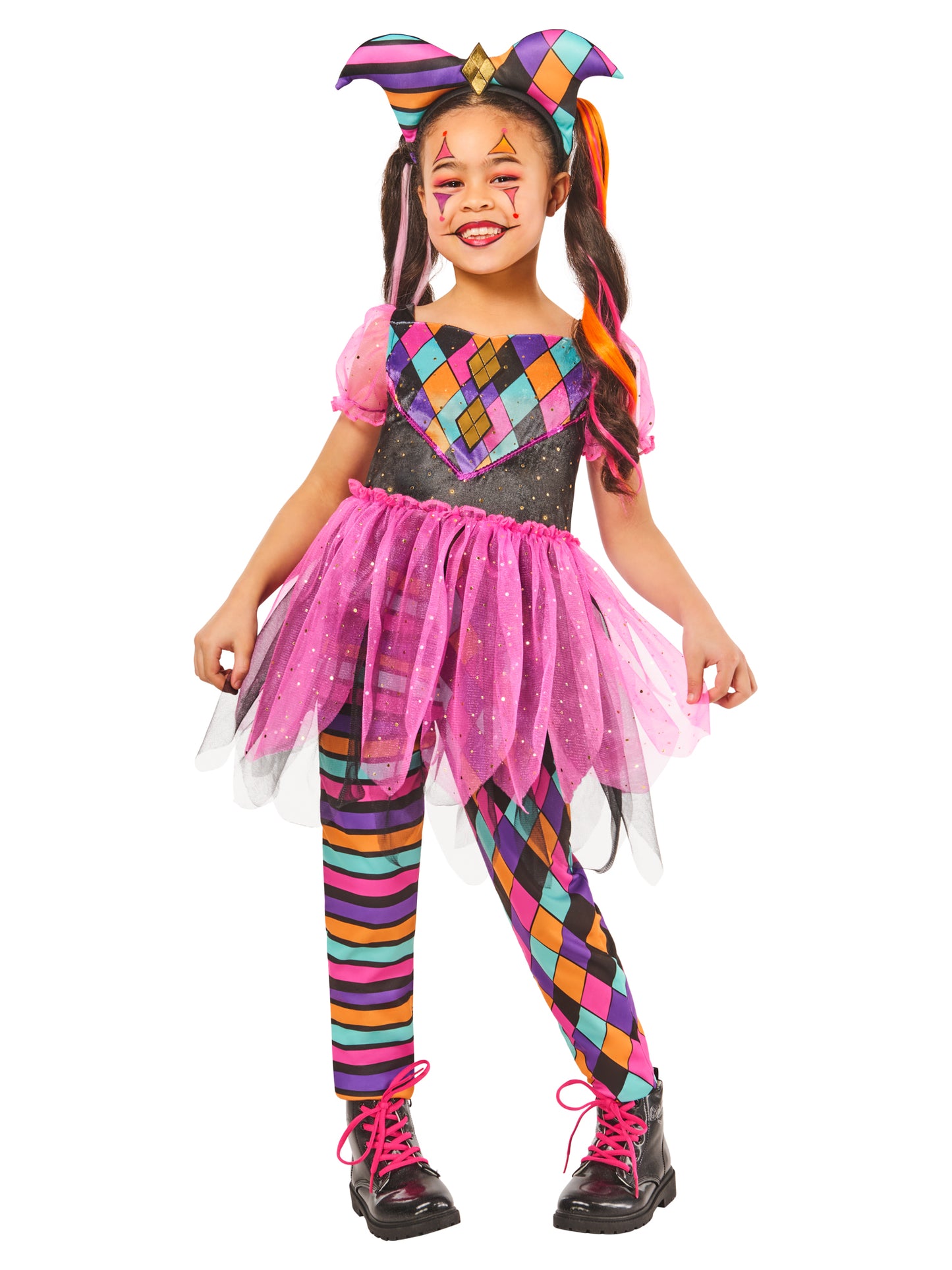 Girls Harlequin Girl Halloween Circus Jester Fancy Dress Costume Kids