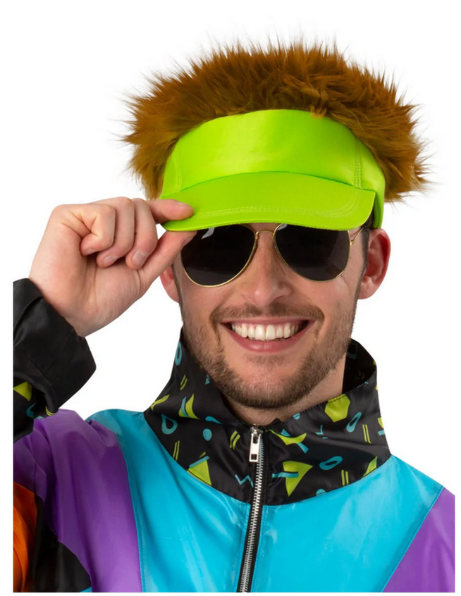 80s Visor Pub Golf Golfing Neon Visor With Hair Adults 1980s Fancy Dress Mens Ladies