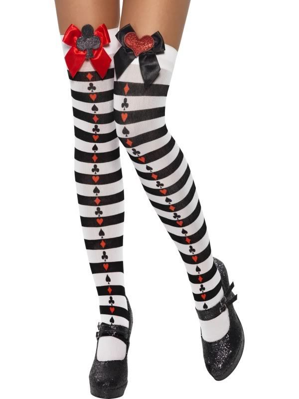 Fairytale Alice Hold Ups Socks Black White + Red Bows Fancy Dress