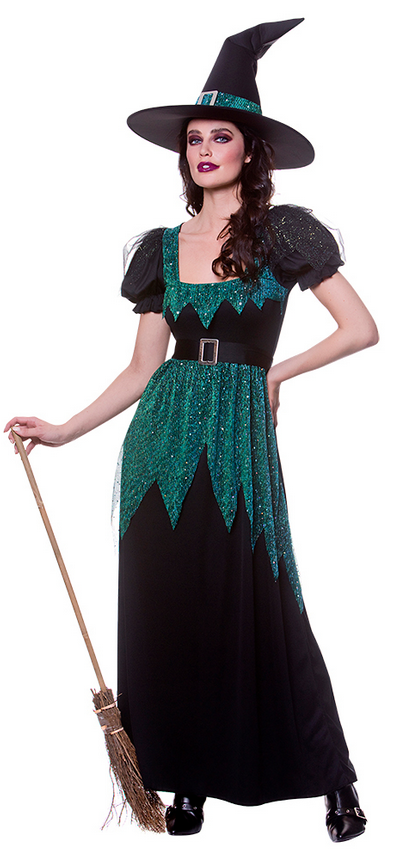 Emerald Witch Ladies Costume Adult Deluxe Halloween Witches Fancy Dress