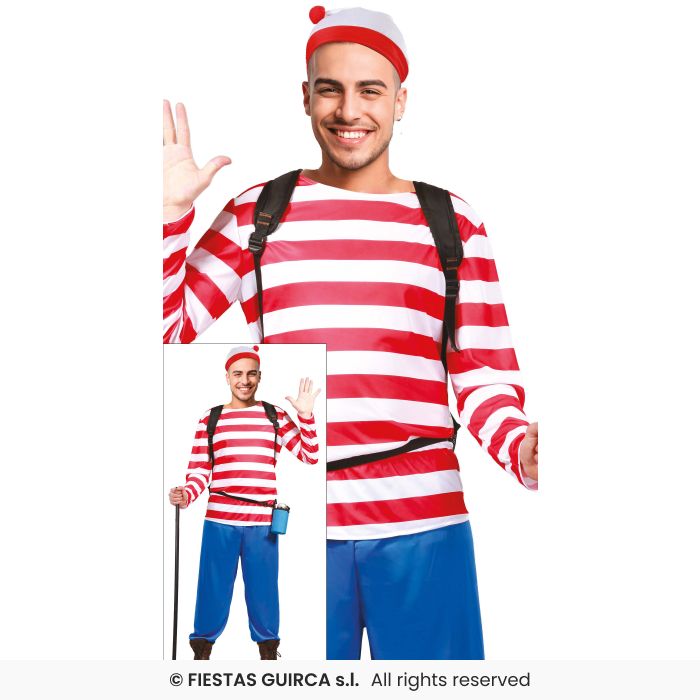 Hiker Sailor Costume Adults Red & White Striped Man Fancy Dress Outfit M-XL