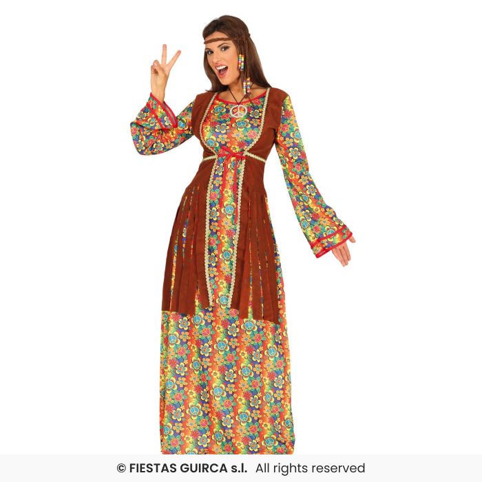 Long Hippie Dress 70s Flower Power Hippy Retro Ladies Fancy Dress Costume UK 8-18