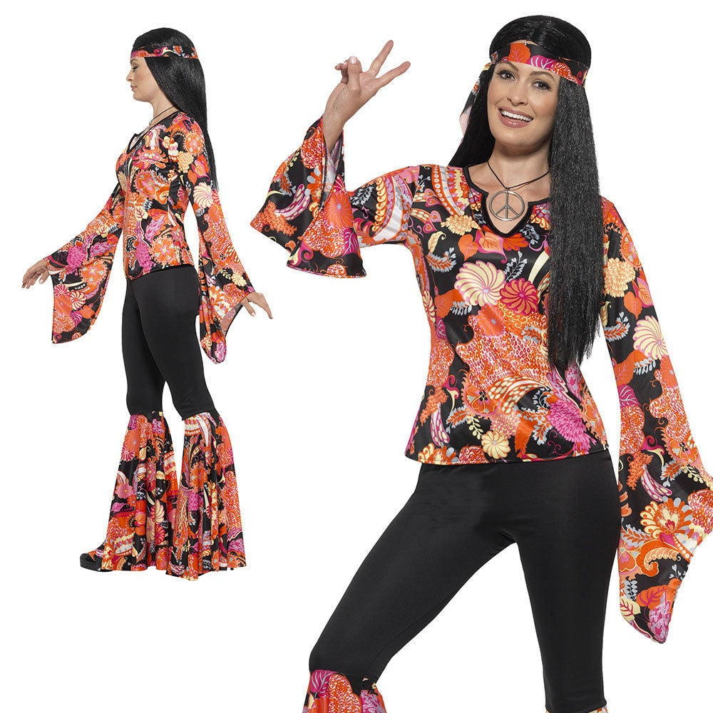 Ladies 1960s Hippy Costume Willow Hippie Womens 1970s Fancy Dress Outfit New