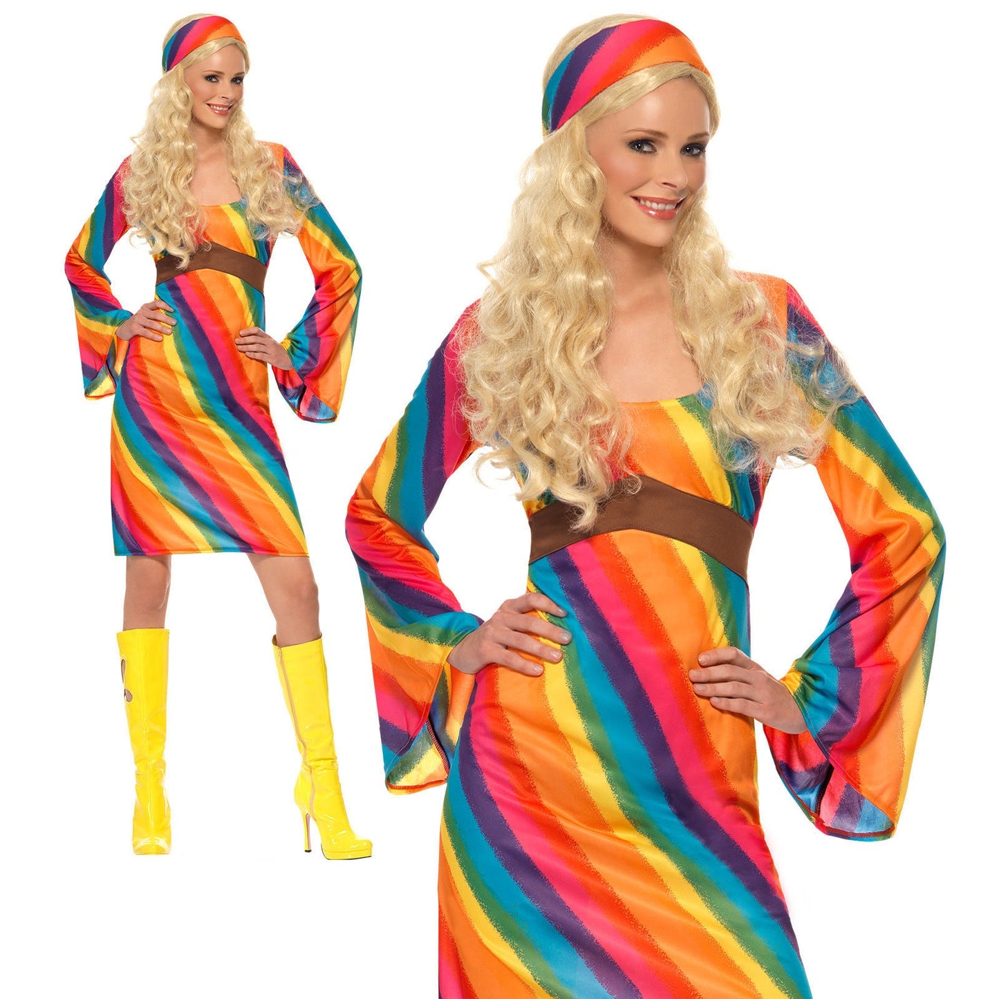 Rainbow Hippy Costume Ladies 60s 70s Groovy Hippie Fancy Dress UK 8-22