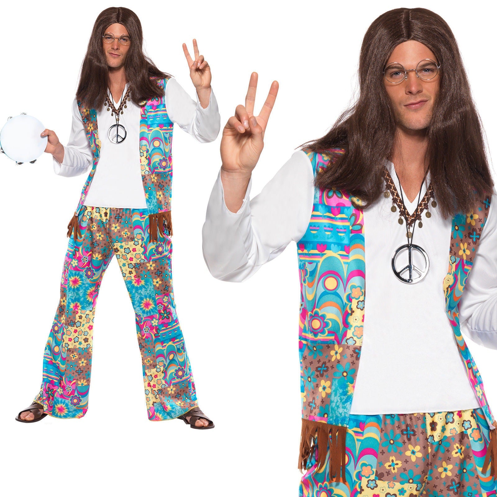 Adulti Groovy Hippie Camicia Medaglione Rétro Multicolore Uomo Costume - Foto 10