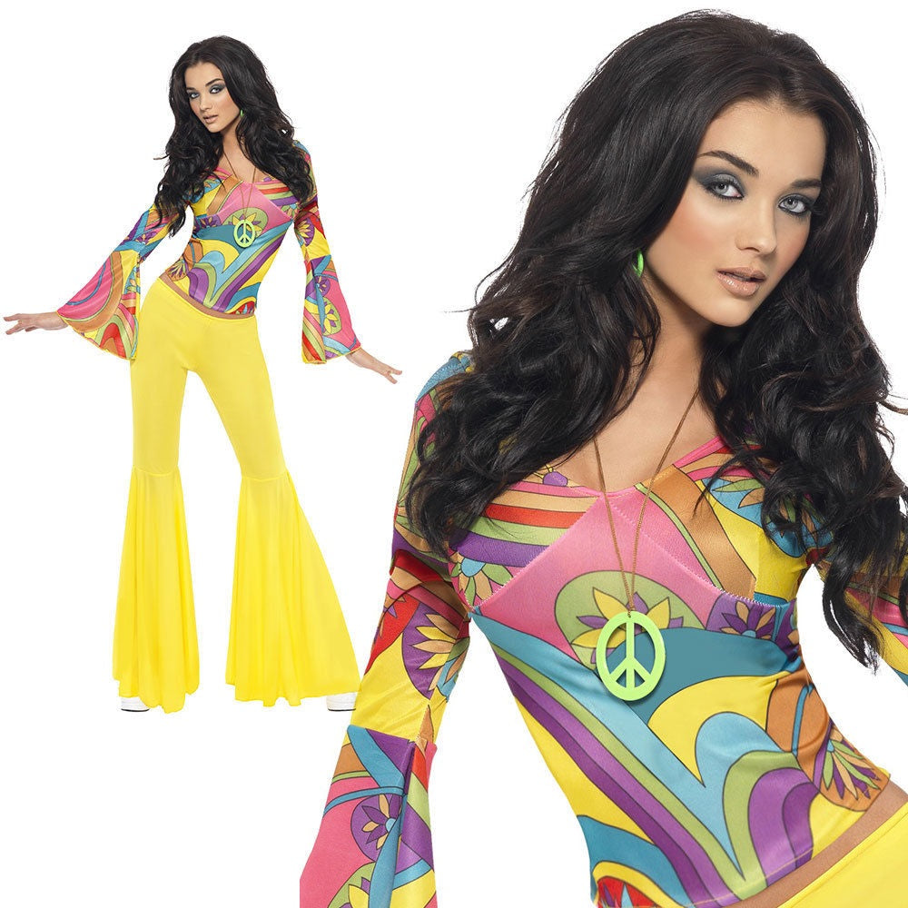 60s Groovy Babe Hippy Lady Costume Flares Psychedelic Womens Fancy Dress New