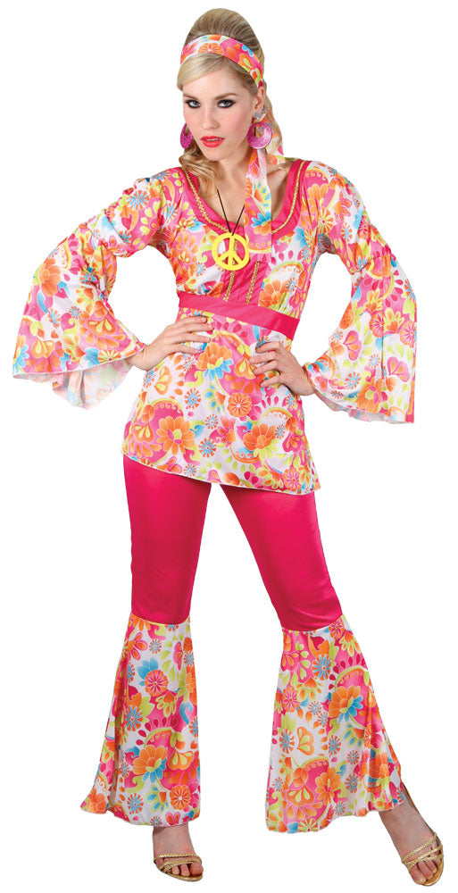 Hippy Adult Ladies Costume Hippy Flares Top Outfit 60s 70s Fancy Dress Size 6-28