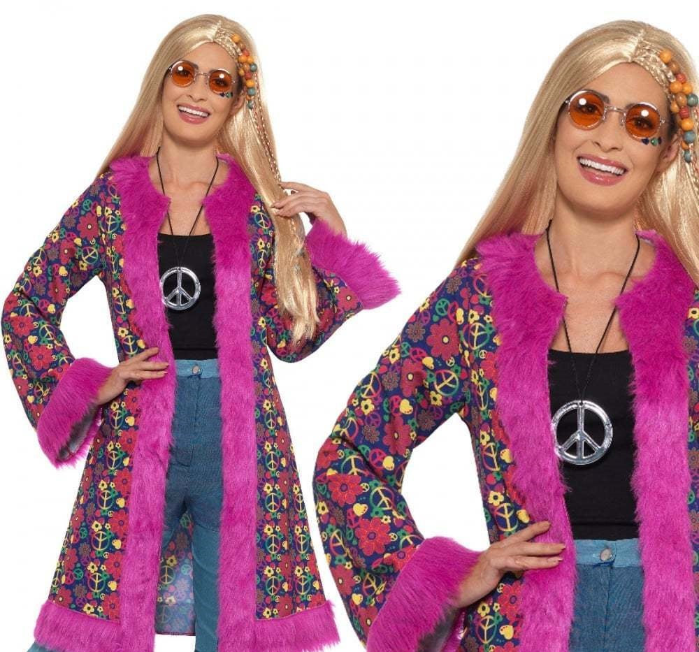60s Psychedelic Hippie Coat Ladies 1960s Fancy Dress Accessory S-XL
