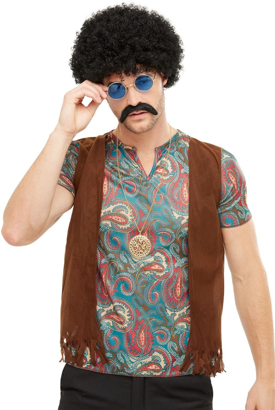 Hippie Wig + Tash + Glasses Adults Fancy Dress Hippiy Kit 60s 70s Disco Retro