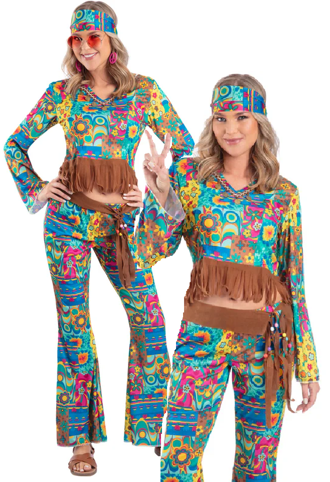 Blue Flower Power Hippy Costume Ladies 60s 70s Fancy Dress Outfit UK 8 –  Kingdom Fancy Dress