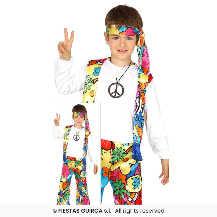 Retro Boys Hippie Costume 60s 70s Hippy Fancy Dress Outfit Kids Age 3-12