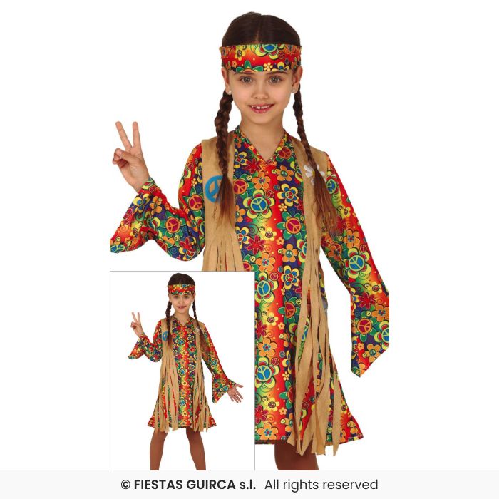 Deluxe Girls Hippie Dress Costume 60s 70s Hippy Fancy Dress Outfit Kids Age 3-12