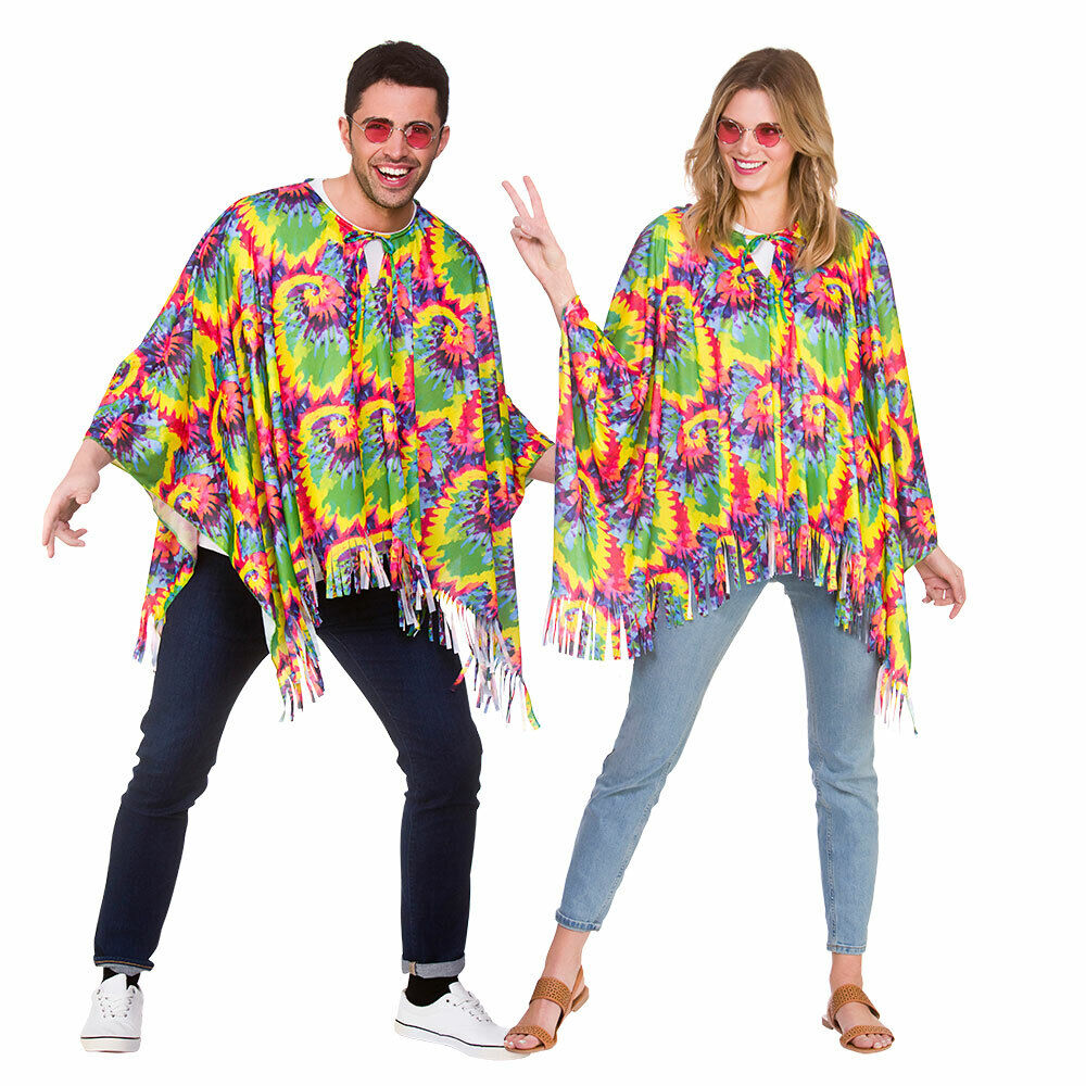Hippie Poncho Tie Dye Hippy 60s 70s Fancy Dress Poncho Mens Ladies Costume