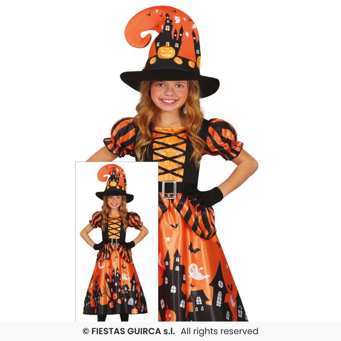 Haunted Orange Witch Girls Halloween Deluxe Witches Fancy Dress Costume Age 3-12