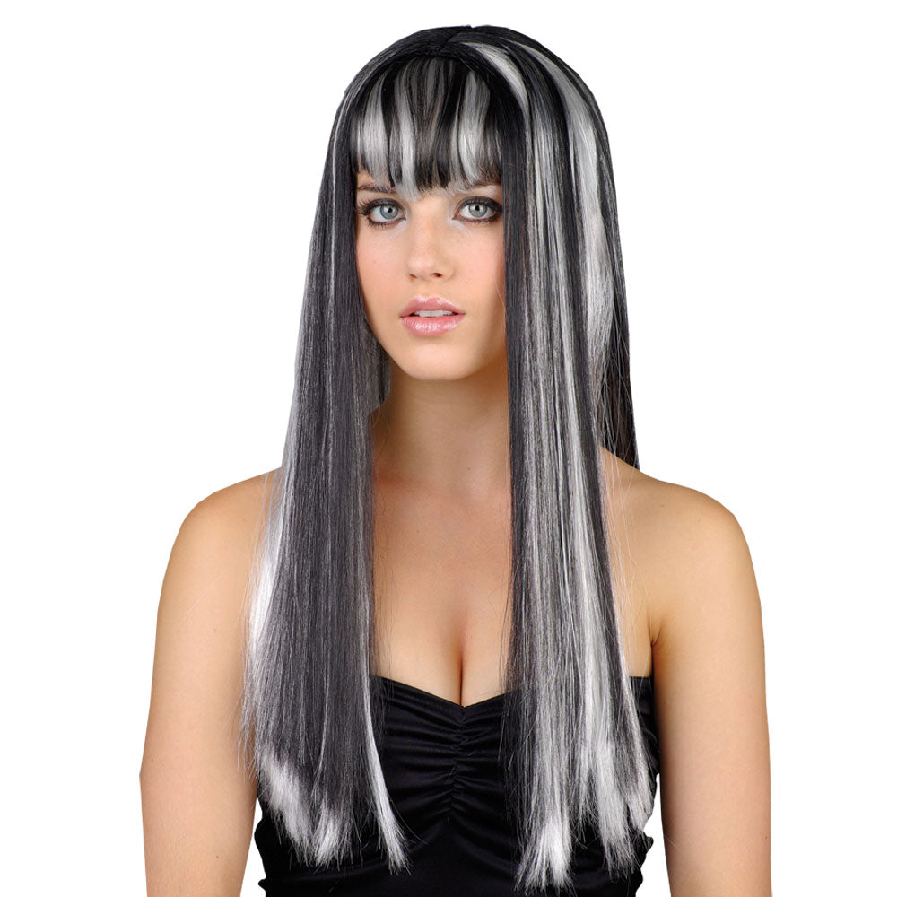 Black + White Vamp Vixen Long Wig Fancy Dress Halloween Dead Gorgeous Adult