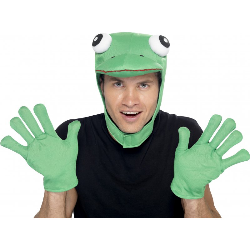 Green Frog Hood + Gloves Kit Carnival Comedy Fancy Dress Animal Novelty