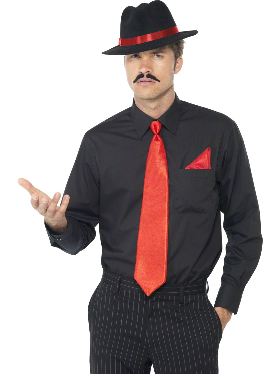 Al Capone Gangster Kit Black Hat Red Tie + Hankie Adults 20s Fancy Dress