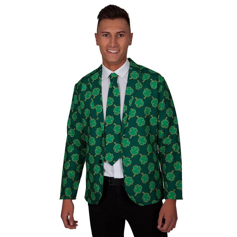 Green Irish St Patricks Jacket + Tie Set Adults Shamrock Sports Stag Fancy Dress Costume
