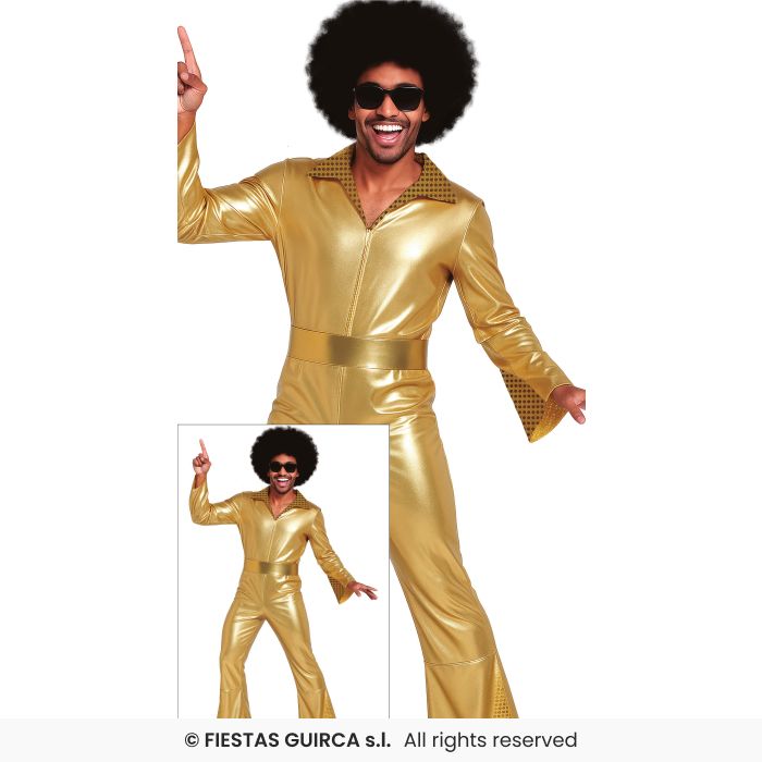 Gold Disco Jumpsuit Mens Metallic 70s Fancy Dress Retro Costume Adults M-XL