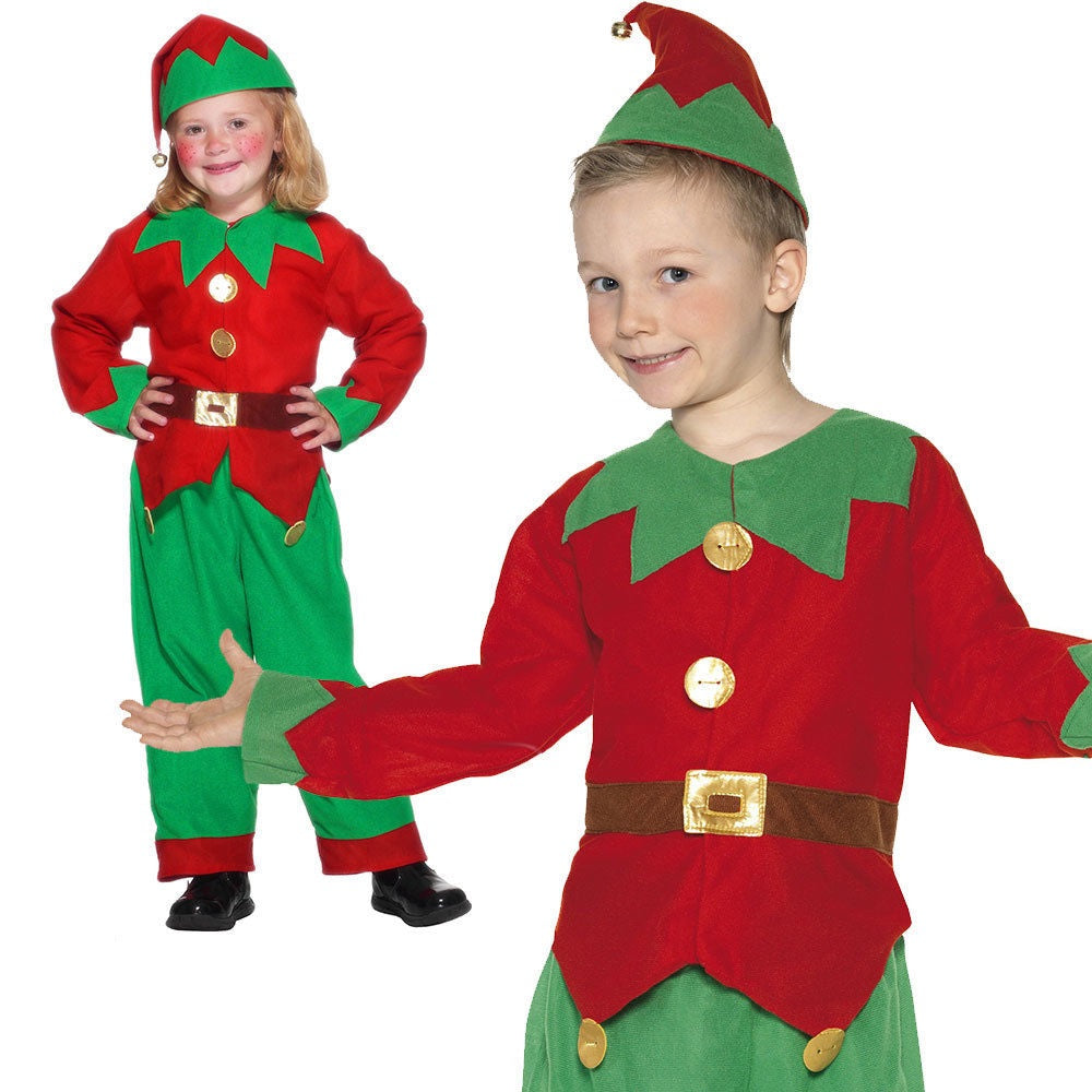 Child Elf Costume Boys Girls Christmas Fancy Dress Santas Helper Kids Age 4-12