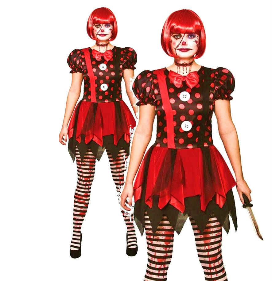 Womens Horror Clown Halloween Zombie Circus Adult Ladies Fancy Dress Costume
