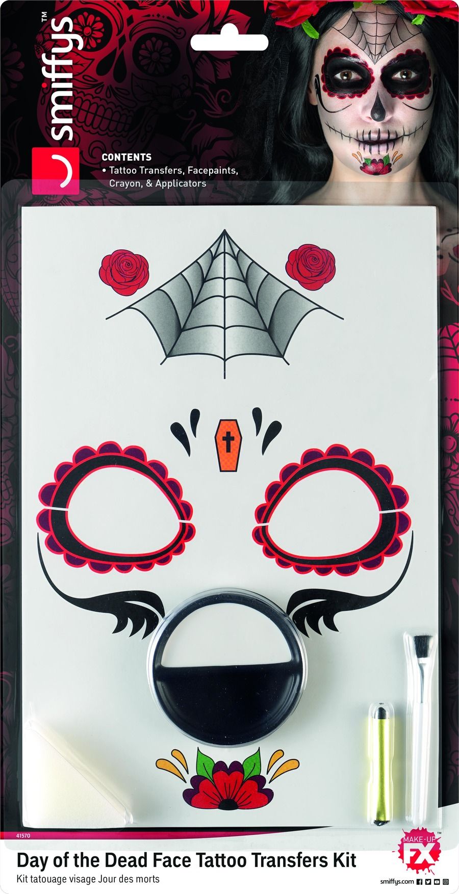 Day Of The Dead Tattoo Transfer Kit Adults Kids Halloween Fancy Dress Make Up