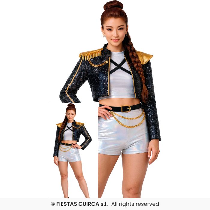 Pop Star South Korea 90s Pop Ladies Fancy Dress Costume Silver Leader Outfit UK 8-16