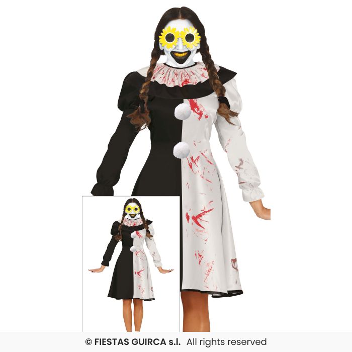 Ladies Halloween Black & White Clown Terrorific Fancy Dress Costume UK 8-16