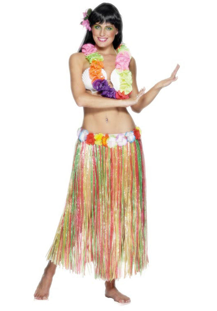 Hawaiian Hula Skirt + Flowers Adults Beach Party Long 79cm Fancy Dress Accessory