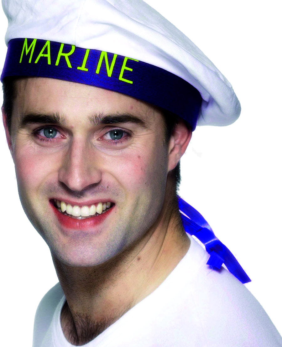 White Sailor Hat Marine Cadet Blue Ribbons Navy Captain Officer Fancy Dress