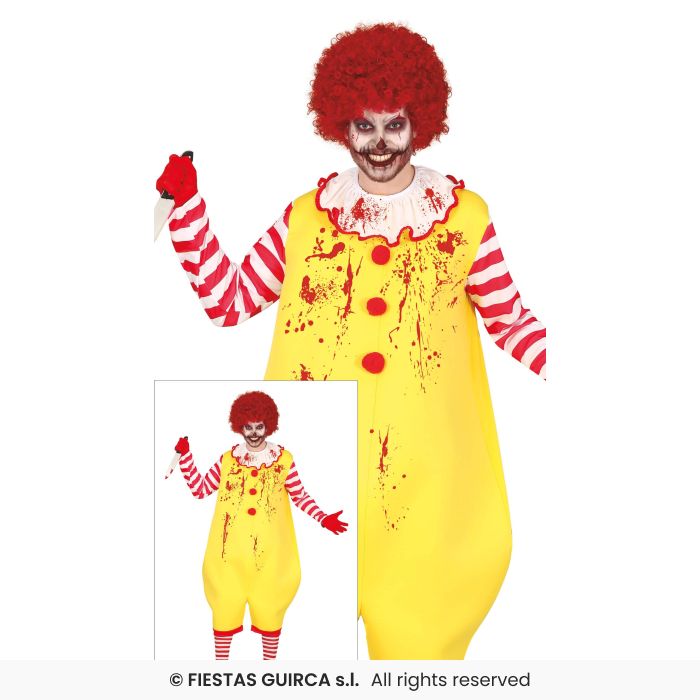 Mens Yellow Burger Clown Halloween Ronald Zombie Clown Fancy Dress Costume Large