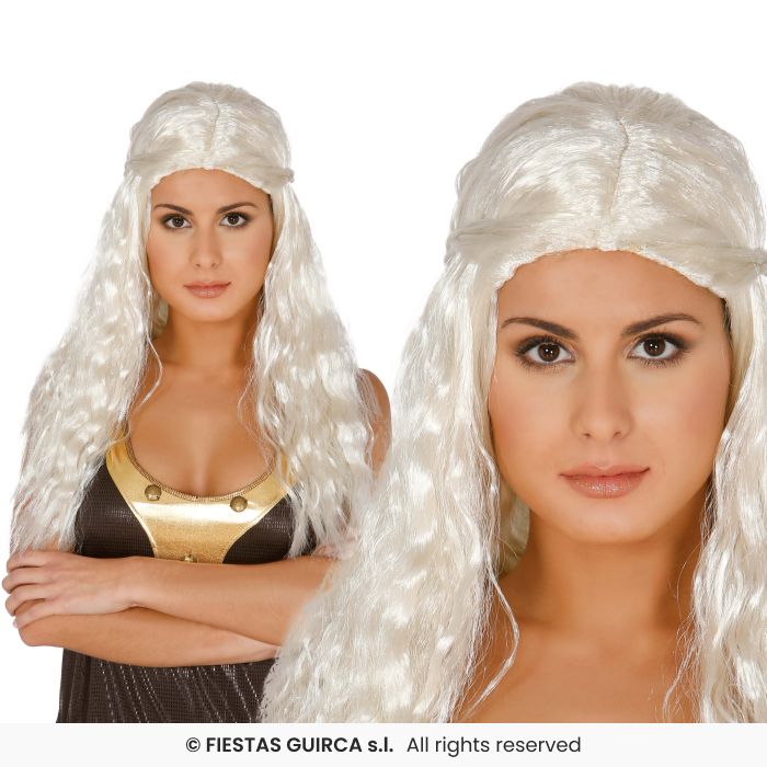 Long White Medieval Wig Ladies Fancy Dress Wig Crimped Adults