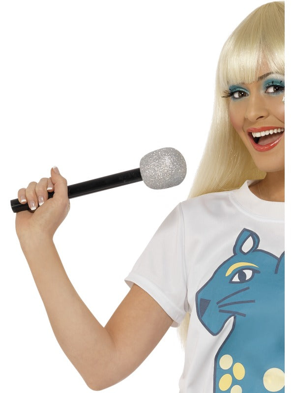Glitter Microphone Ladies 80s Dancing Queen 1980s Band Fancy Dress Accessory