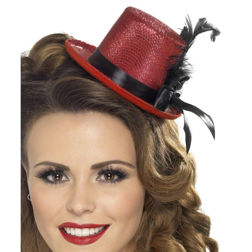 Red Glitter Mini Top Hat With Feathers Burlesque Show Girl Fancy Dress