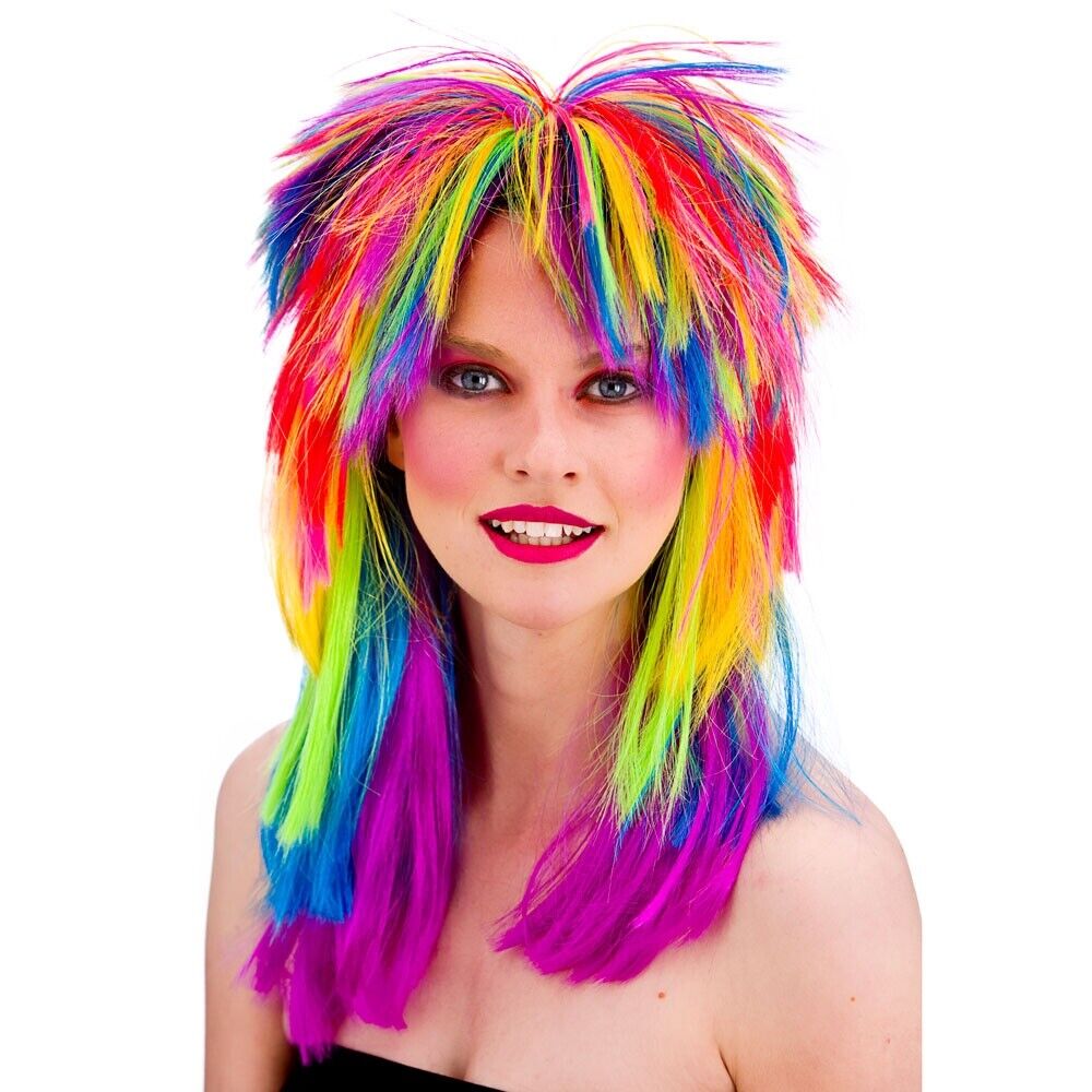 80s Pop Wig Ladies Wild Rocker Rock Star Fancy Dress Multi Coloured Mullet