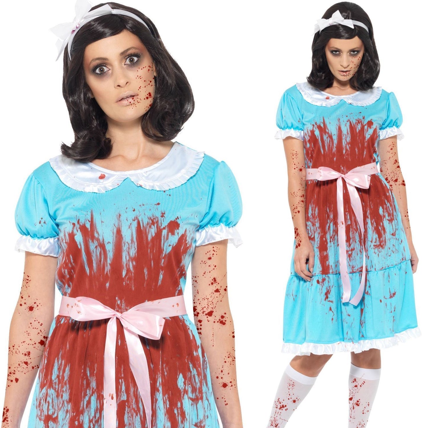 Ladies The Shining Costume Evil Twin Sister Fancy Dress Zombie Halloween Women