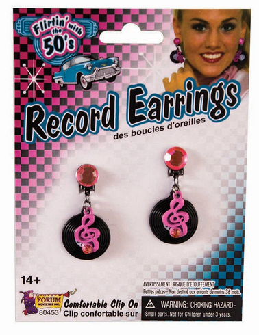 Rock 'N' Roll Record Earrings Adults 50s Fancy Dress Accessory Retro