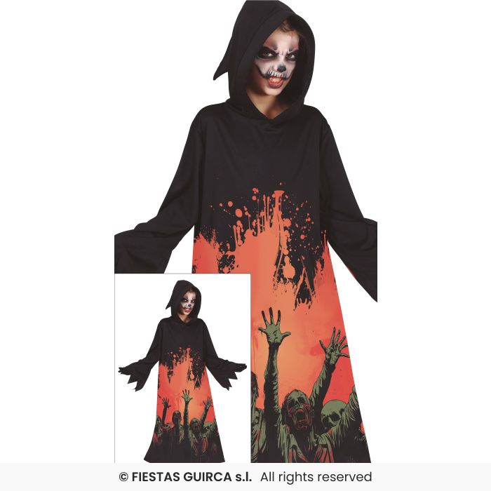 Mystic Zombie Black Hooded Grim Reaper Robe Kids Halloween Fancy Dress Age 3-12