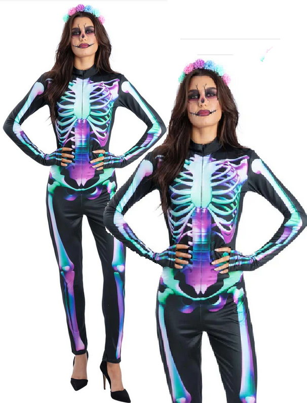 Bright Bones Skeleton Costume Ladies Halloween Fancy Dress Outfit Adults UK 8-18