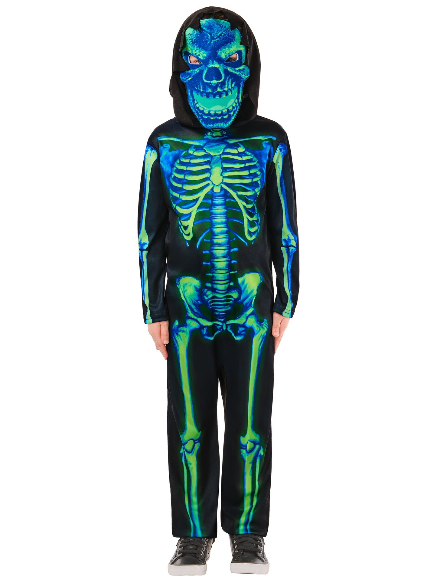 Neon Green Skeleton Costume Kids Halloween Fancy Dress + Mask Boys Girls